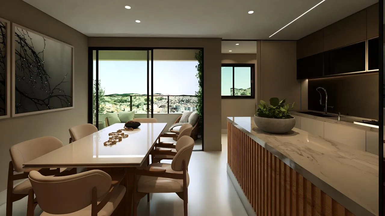 Sala de jantar com vista da cidade