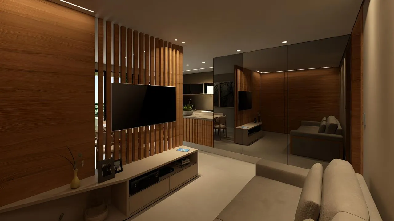 Living noturno com painel ripado