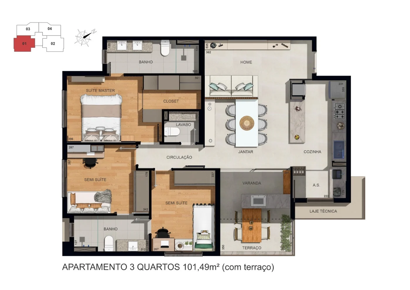 Planta 101m² — 3 quartos