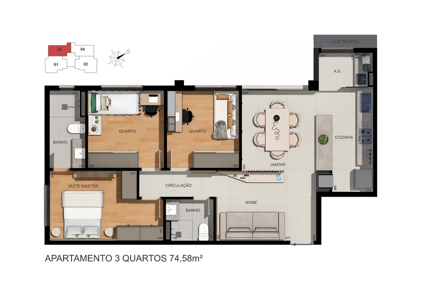 Planta 74m² — 3 quartos