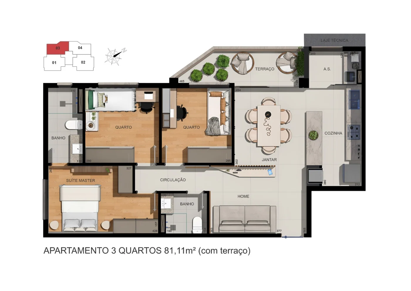 Planta 81m² com terraço