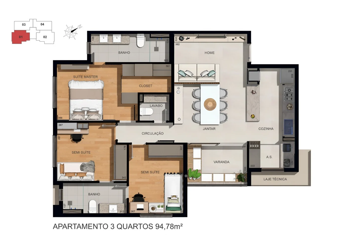 Planta 94m² — 3 quartos com varanda