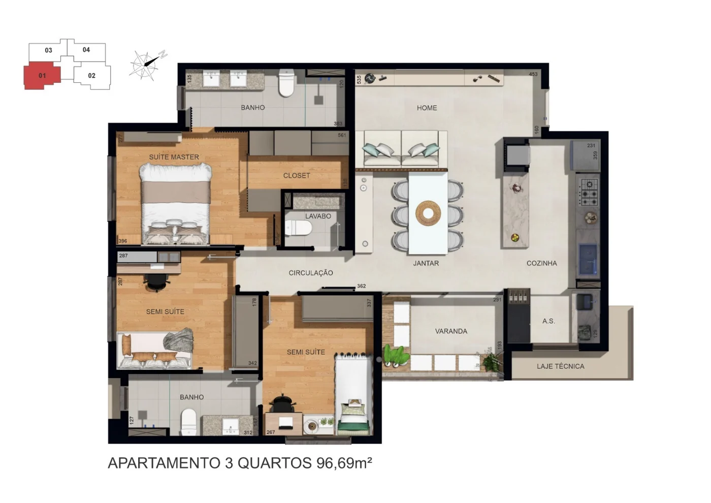Planta 96m² — 3 quartos