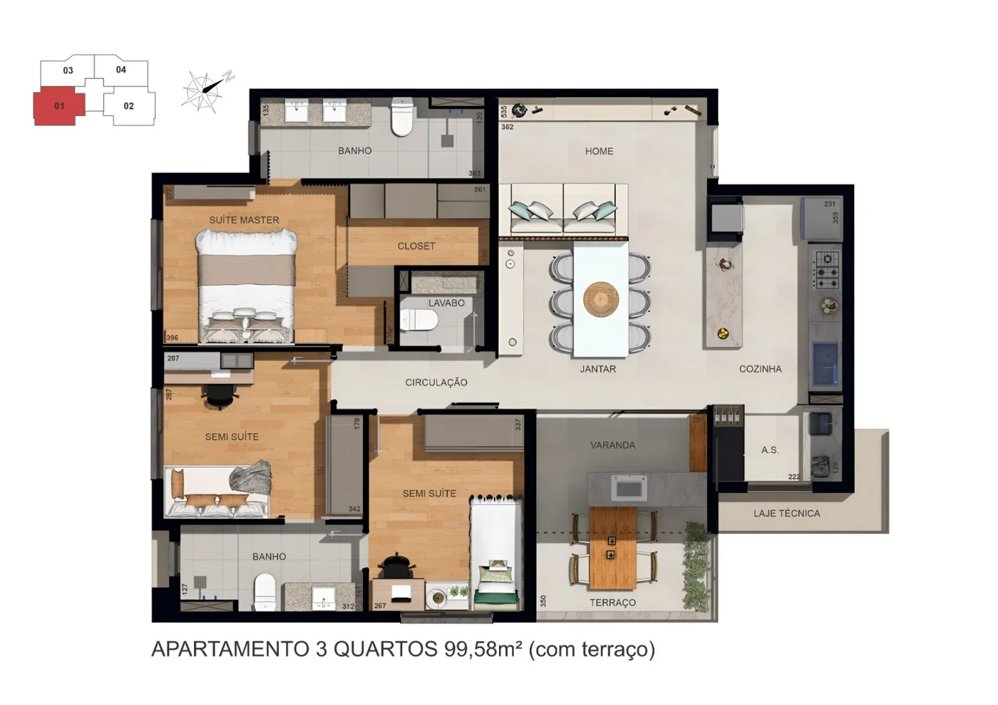 Planta apartamento 99m² com terraço — 3 quartos (1 suíte master + 2 semissuítes)